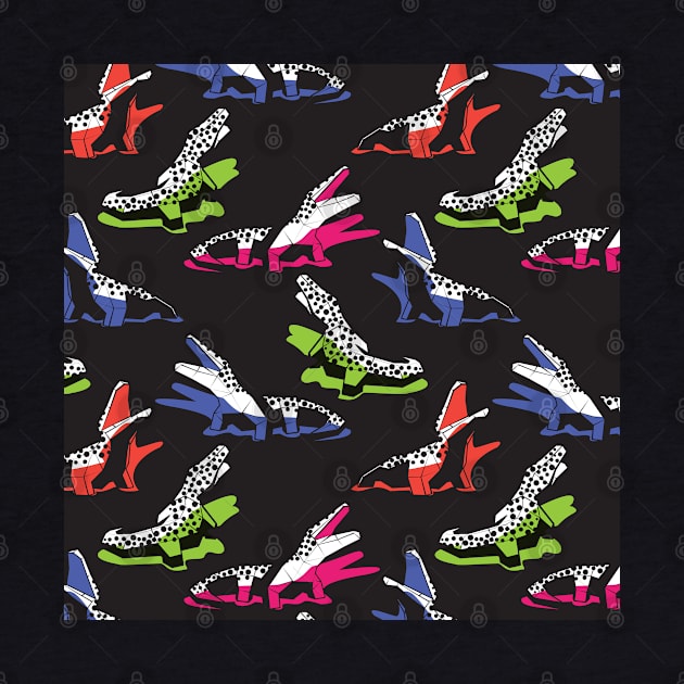 Neon geo crocodiles // pattern // black background black and white geometric animals green fuchsia pink blue and orange shadows by SelmaCardoso